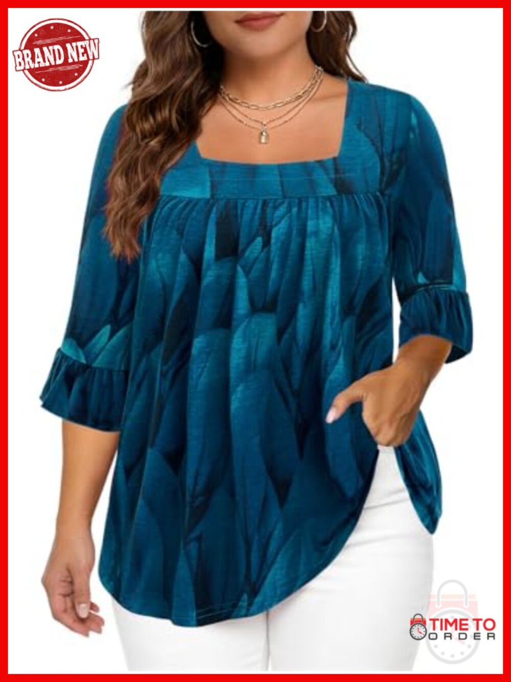 Casual Plus Size Square Neck Tunic with Ruffle 3/4 Sleeves for Work
